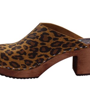 Leopard Print Womens High Heels Classic Clogs with brown wooden clogs base.