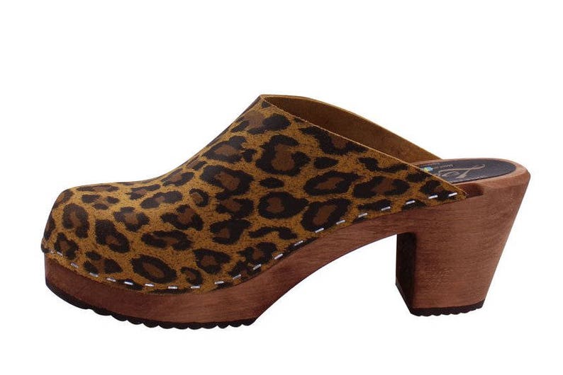 Leopard Print Womens High Heels Classic Clogs with brown wooden clogs base.