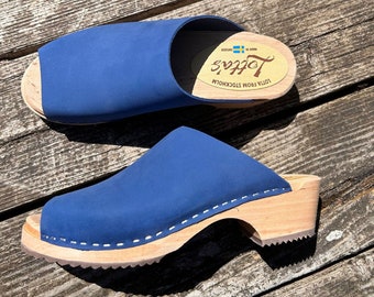 Swedish Clogs Berit Low Open Lazuli Blue Oiled Nubuck Leather Lotta from Stockholm Wooden Clogs Handmade Mules Low Heel Made in Sweden