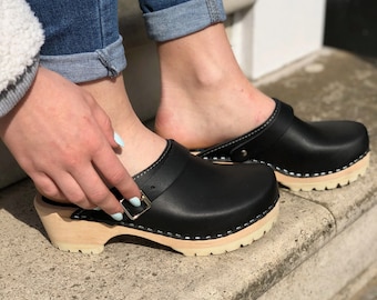 Swedish Clogs Classic Black Leather on Tractor Base by Lotta from Stockholm / Wooden / Handmade / Mules / Low Heel / lottafromstockholm