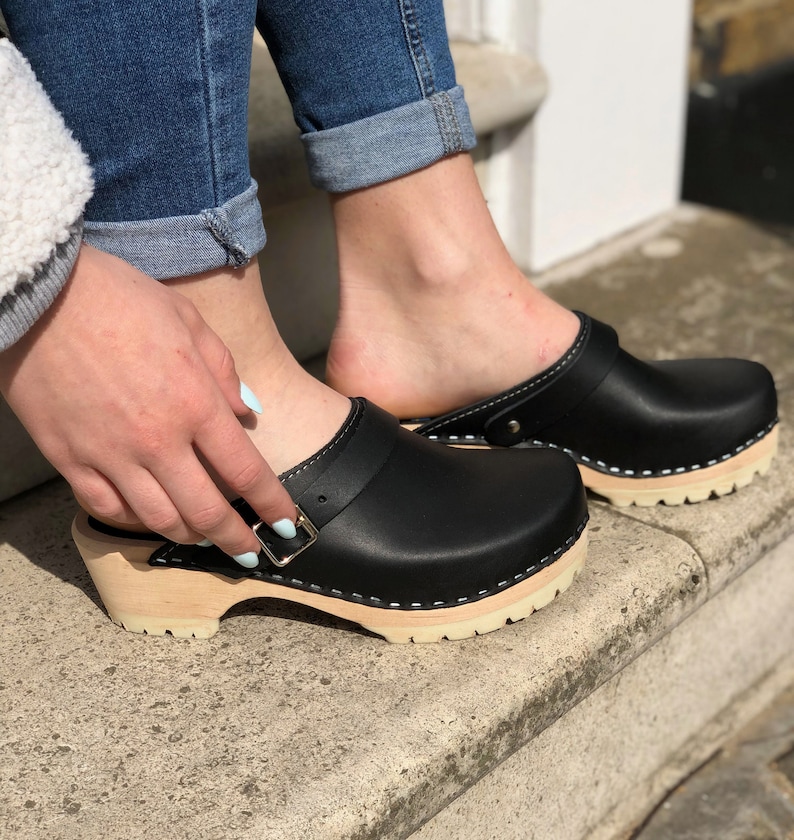 Swedish Clogs Classic Black Leather on Tractor Base by Lotta from Stockholm Wooden Handmade in Sweden Mules Low Heels