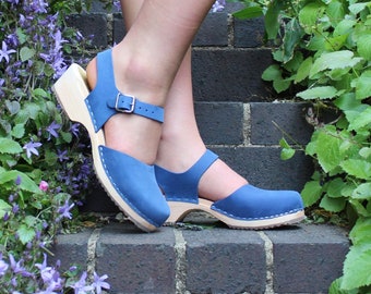 Swedish Clogs Low Mary Jane Shoes Lazuli Blue Oiled Nubuck Leather by Lotta from Stockholm Scandinavian Wooden Clogs Handmade in Sweden