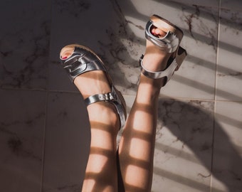 Womens Clogs Leather Sandals Low Heels. Peep Toe Clogs in Silver PU Leather by Lotta from Stockholm Wooden Clogs handmade in Sweden.