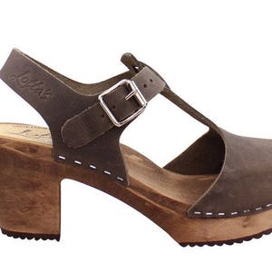 Swedish Clogs High Heels T-Bar/T-Strap Taupe Oiled Nubuck Leather by Lotta from Stockholm Scandinavian Womens Clogs Handmade in Sweden