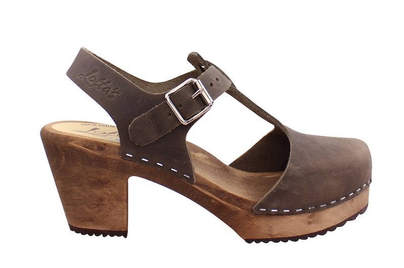 Swedish Clogs High Heels T-Bar/T-Strap Taupe Oiled Nubuck Leather by Lotta from Stockholm Scandinavian Womens Clogs Handmade in Sweden