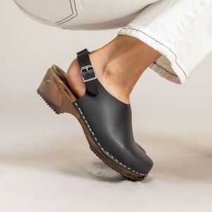 Swedish Clogs Low Slingback Black Leather by Lotta from Stockholm / Wooden Clogs / Handmade / Sweden / lottafromstockholm