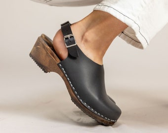 Swedish Clogs Low Slingback Black Leather by Lotta from Stockholm / Wooden Clogs / Handmade / Sweden / lottafromstockholm