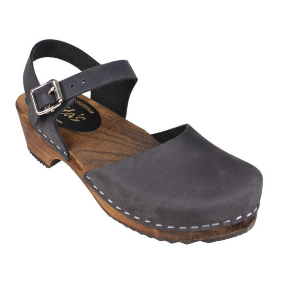Swedish Clogs Low Wood Black Oiled Nubuck Leather by Lotta from Stockholm / Wooden Clogs / Low Heel / Mary Jane / lottafromstockholm