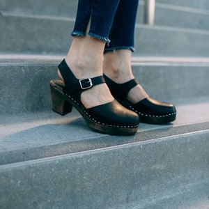 Swedish Clogs Womens High Heels Highwood Black Leather by Lotta from Stockholm Wooden Clogs Handmade Mary Jane Shoes made in Sweden