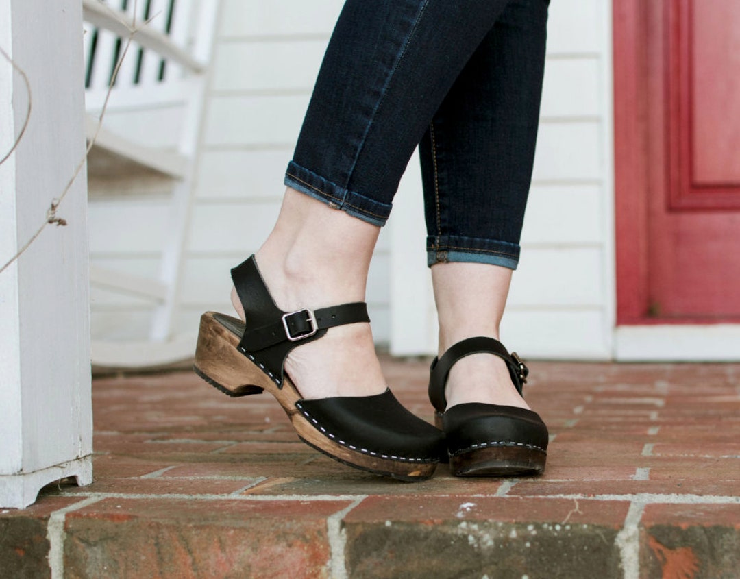 Clogs Sweden Low Wood Black Leather Lotta From - Etsy