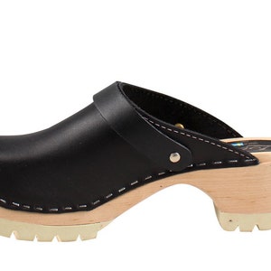 Swedish Clogs Classic Black Leather on Tractor Base by Lotta from Stockholm Wooden Handmade in Sweden Mules Low Heels