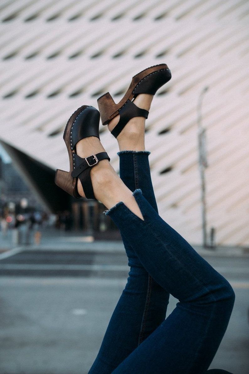 Swedish Clogs Womens High Heels Highwood Black Leather by Lotta from Stockholm Wooden Clogs Handmade Mary Jane Shoes made in Sweden