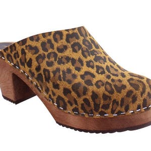 Leopard Print Womens High Heels Classic Clogs with brown wooden clogs base.