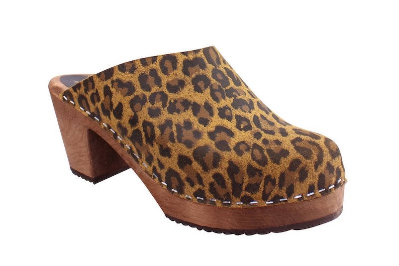 Leopard Print Womens High Heels Classic Clogs with brown wooden clogs base.