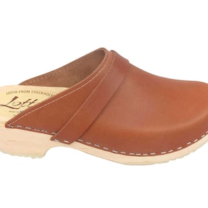 Womens Clogs Swedish Clog Sandals Classic Tan Leather by Lotta from Stockholm Wooden Clogs Women's mules handmade in Sweden