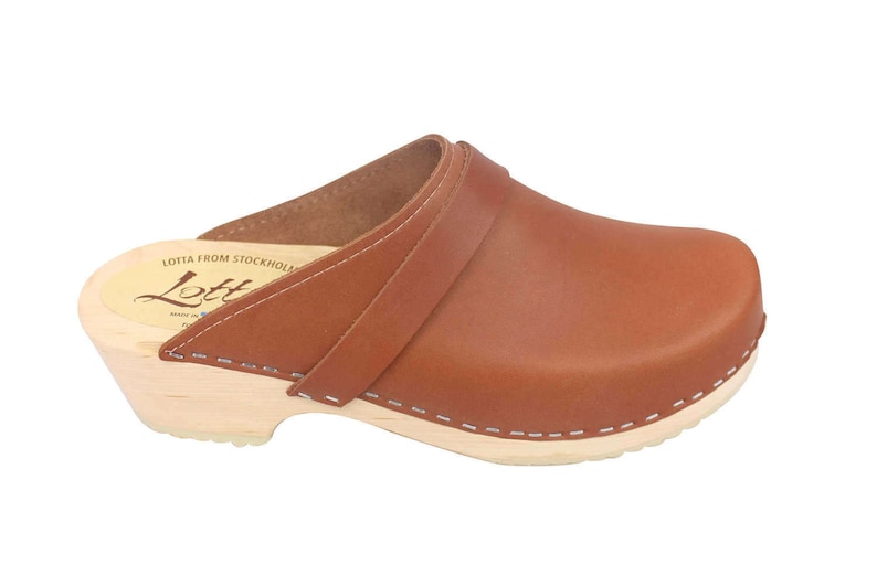 Swedish Clogs Classic Tan Leather by Lotta from Stockholm Wooden Clogs Handmade Mules Low Heel Shoes Scandinavian Unisex Mens