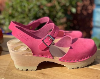 Swedish Clogs in Pink Oiled Nubuck Leather Low Wood Tractor Lotta from Stockholm / Wooden Clogs / Low Heel / lottafromstockholm