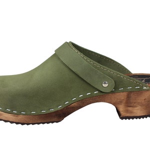 Swedish Clogs Classic Green Oiled Nubuck Leather with Strap by Lotta from Stockholm / Wooden / Handmade Mules / lottafromstockholm image 4