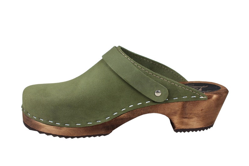 Swedish Clogs Classic Green Oiled Nubuck Leather with Strap by Lotta from Stockholm / Wooden / Handmade Mules / lottafromstockholm image 4