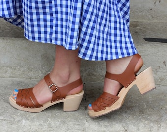 Swedish Clogs Braided Sandals in Tan Leather by Lotta from Stockholm Womens High Heels Wooden Clogs Open Toe Sandals made in Sweden