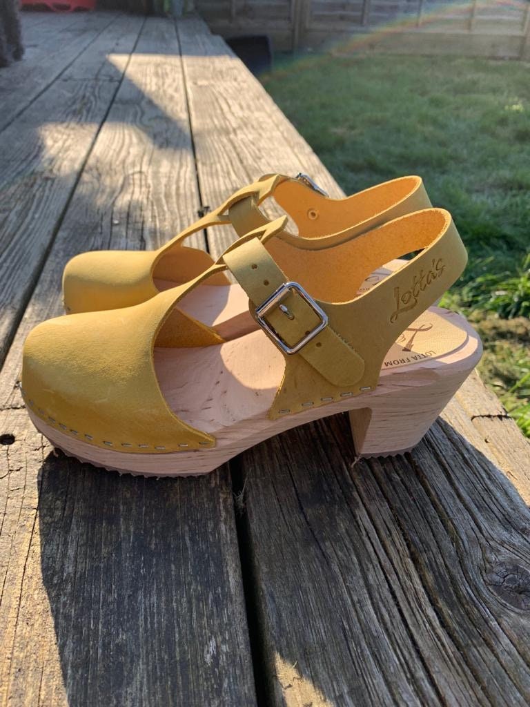 Swedish Clogs Highwood T-Bar Yellow Oiled Leather by Lotta | Etsy