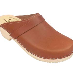 Womens Clogs Swedish Clog Sandals Classic Tan Leather by Lotta from Stockholm Wooden Clogs Women's mules handmade in Sweden