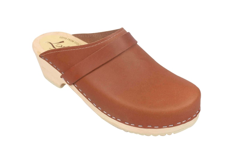 Swedish Clogs Classic Tan Leather by Lotta from Stockholm Wooden Clogs Handmade Mules Low Heel Shoes Scandinavian Unisex Mens