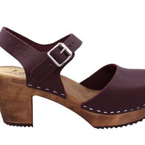 Mary Janes High Heels Womens Clogs Aubergine Leather Sandals by Lotta from Stockholm Scandinavian Handmade Swedish Clogs, Brown Wooden Base