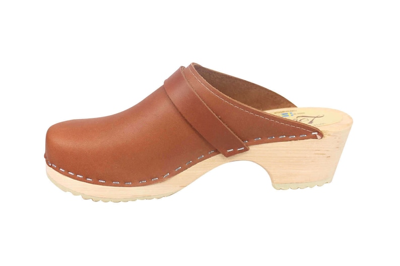Swedish Clogs Classic Tan Leather by Lotta from Stockholm Wooden Clogs Handmade Mules Low Heel Shoes Scandinavian Unisex Mens