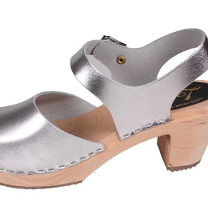 Swedish Clogs Womens High Heels Silver PU Leather Clogs by Lotta from Stockholm Wooden Clogs Mary Jane Shoes Bridal Shoes