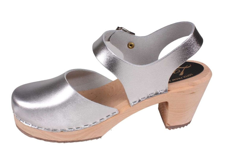 Swedish Clogs Womens High Heels Silver PU Leather Clogs by Lotta from Stockholm Wooden Clogs Mary Jane Shoes Bridal Shoes