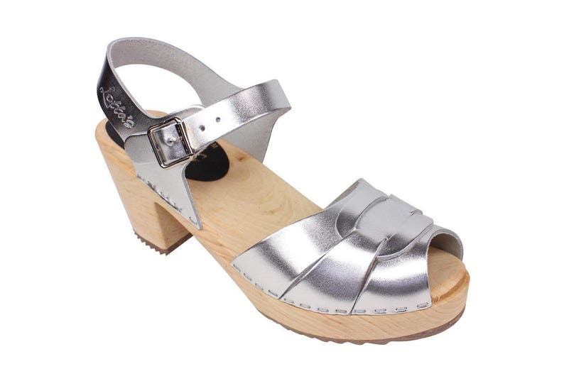 Wedding sandals Bridal Shoes Silver high heels womens clog sandals Swedish Clogs. Peep Toe Metallic Silver Leather by Lotta from Stockholm Wooden clogs perfect Bridal Shoes bridesmaid shoes