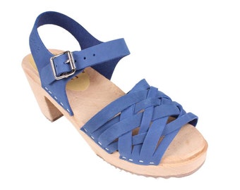 Swedish Clogs Braided Sandals in Lazuli Blue by Lotta from Stockholm Oiled Nubuck High Heels Wooden Clogs Open Toe Sandals made in Sweden