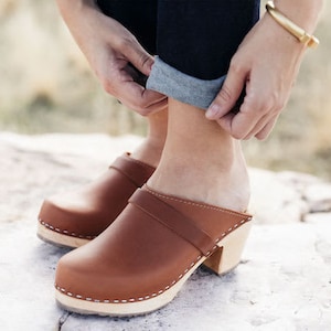 Swedish Clogs High Heel Classic Tan Leather by Lotta from Stockholm / Wooden / Handmade / Scandinavian / Mules / Sweden / lottafromstockholm
