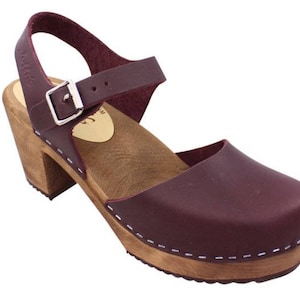 Mary Janes High Heels Womens Clogs Aubergine Leather Sandals by Lotta from Stockholm Scandinavian Handmade Swedish Clogs, Brown Wooden Base