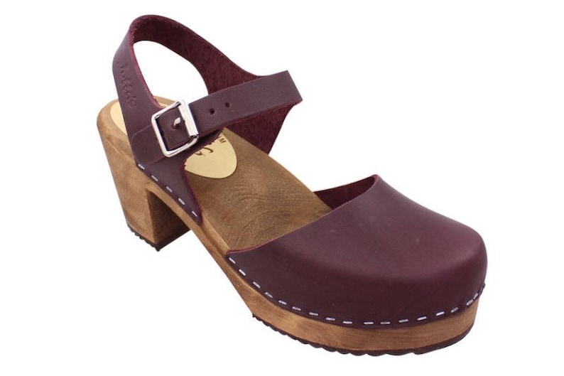 Mary Janes High Heels Womens Clogs Aubergine Leather Sandals by Lotta from Stockholm Scandinavian Handmade Swedish Clogs, Brown Wooden Base