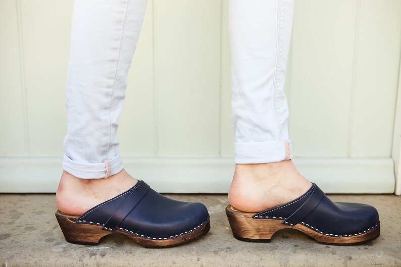 navy leather clogs