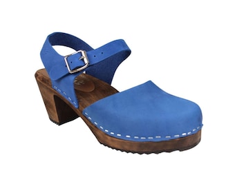 Swedish Clogs Highwood Lazuli Blue Oiled Nubuck on Brown Womens High Heels Leather sandals Lotta from Stockholm Mary Jane Shoes Wooden Clogs