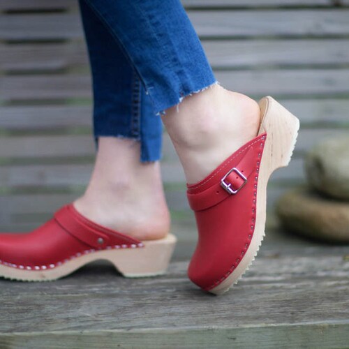 Swedish Clogs Classic Red Leather With Strap by Lotta From - Etsy