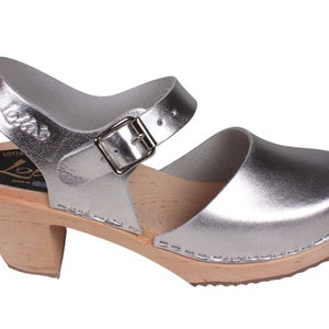 Swedish Clogs Womens High Heels Silver PU Leather Clogs by Lotta from Stockholm Wooden Clogs Mary Jane Shoes Bridal Shoes