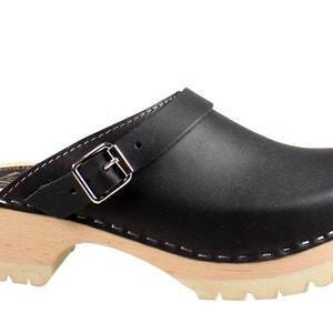 Swedish Clogs Classic Black Leather on Tractor Base by Lotta from Stockholm Wooden Handmade in Sweden Mules Low Heels