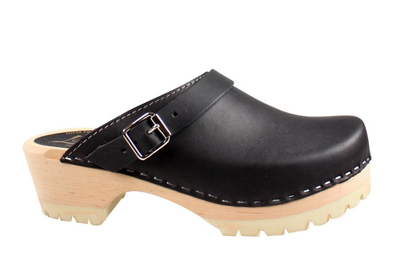 Swedish Clogs Classic Black Leather on Tractor Base by Lotta from Stockholm Wooden Handmade in Sweden Mules Low Heels