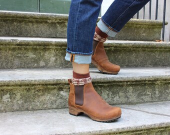 Lotta's Jo Womens Winter Boots ankle Boots / Clog Boots in Cognac Soft Oil Leather by Lotta from Stockholm Wooden Clogs Brown Leather Boots