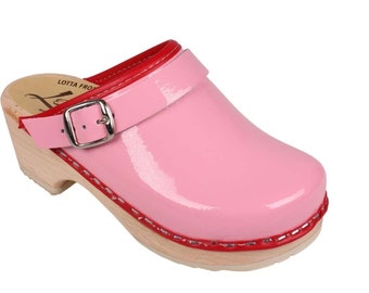 Kids Swedish Clogs Little Lotta's Pink Patent Leather Childrens Shoes by Lotta from Stockholm Wooden Clogs Low Heel Mules for Kids