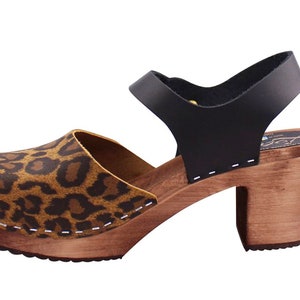 Swedish Clogs Womens High Heels. Highwood Leopard print Leather by Lotta from Stockholm