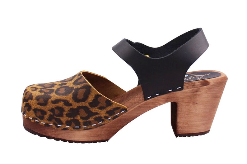 Swedish Clogs Womens High Heels. Highwood Leopard print Leather by Lotta from Stockholm