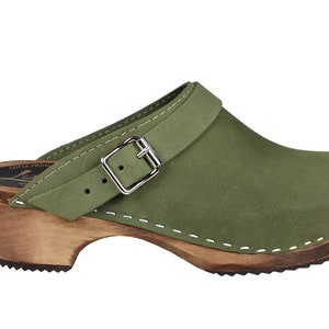 Swedish Clogs Classic Green Oiled Nubuck Leather with Strap by Lotta from Stockholm / Wooden / Handmade Mules / lottafromstockholm image 3