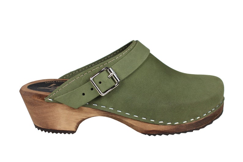 Swedish Clogs Classic Green Oiled Nubuck Leather with Strap by Lotta from Stockholm / Wooden / Handmade Mules / lottafromstockholm image 3
