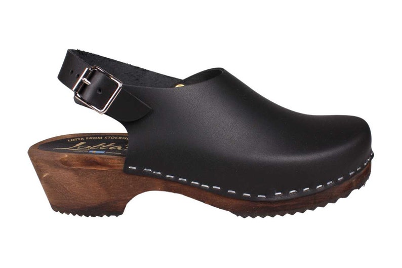 Slingback women's clogs black leather on brown wooden clogs base by Lotta from Stockholm