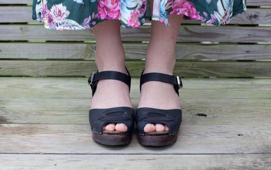 Swedish Clogs Peep Toe Black on Leather by Lotta From | Etsy